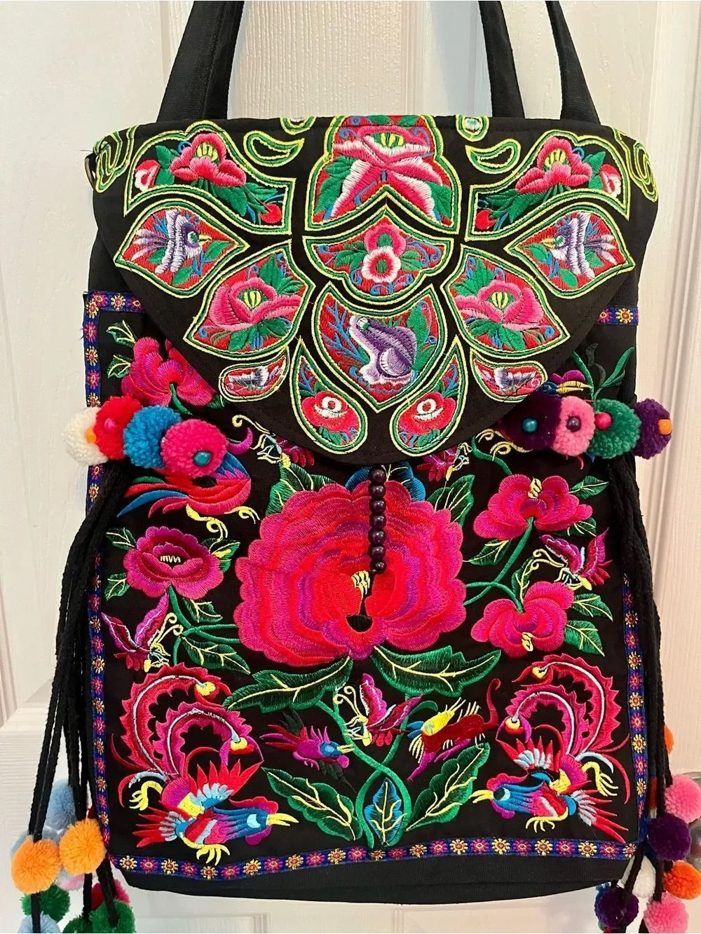 Boho Embroidered Floral & Bird Convertible Tote Backpack w/Pom Pom Tassels NWOT